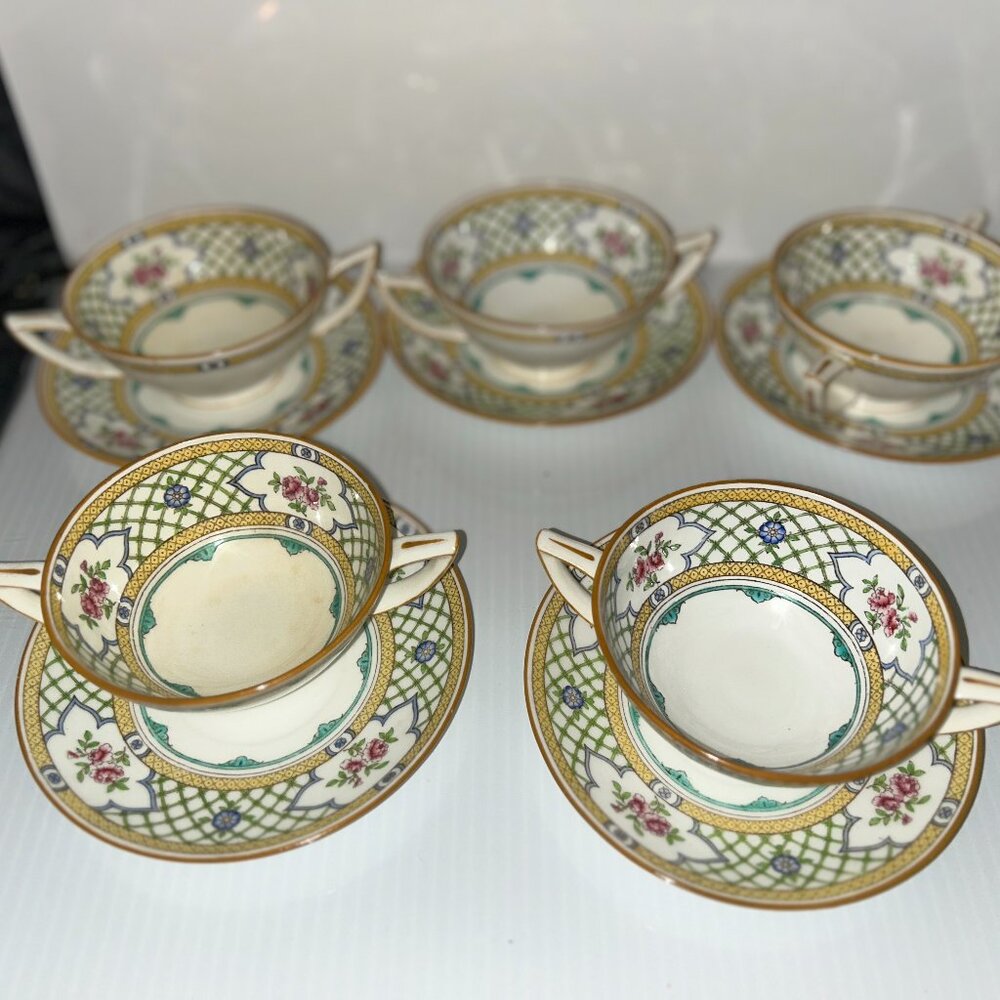Minton Queens-Trellis, Double Handle Soup/Saucer, Vintage 1940s